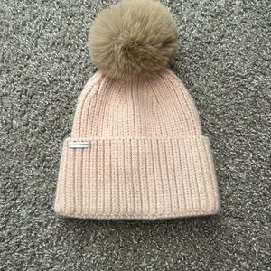 Steve Madden Blush Pink Knit Beanie with Tan Faux-Fur Pom